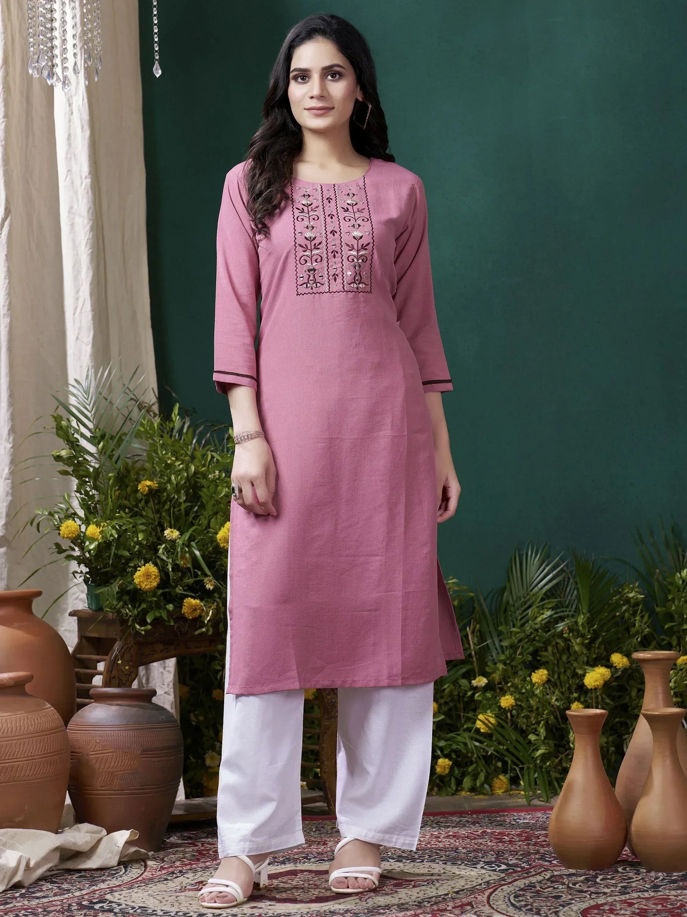 Pink embroidered kurta with white palazzo pants, ethnic wear for women
