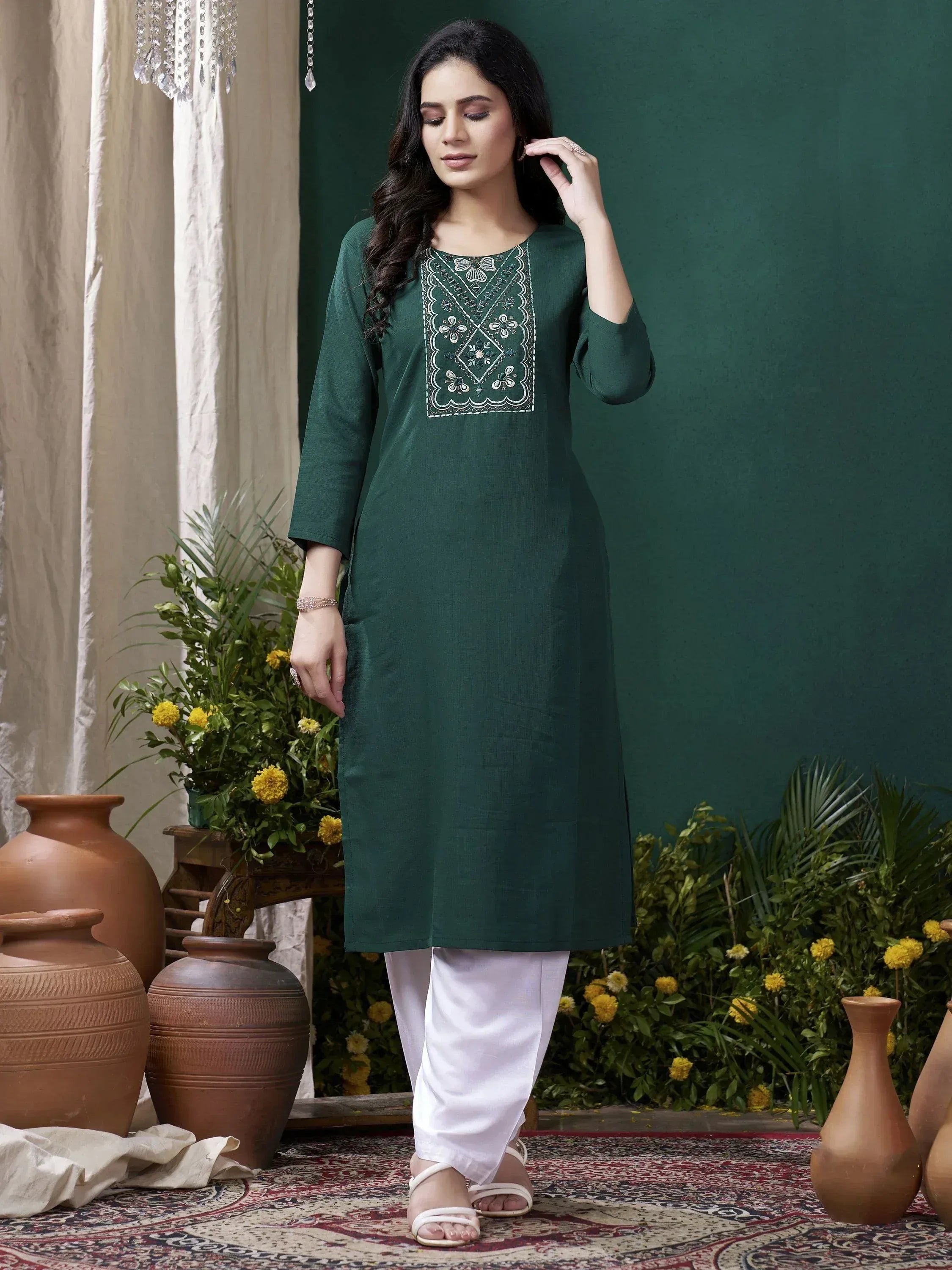 Green embroidered kurti with white palazzo, ethnic wear for women
