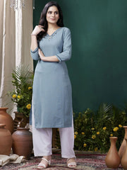 Astonishing Powder Blue Hand Work Cotton Traditional Kurti With Pant