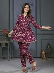 Beautiful Burgundy Digital Printed Rayon Top Palazzo Co-Ord Set