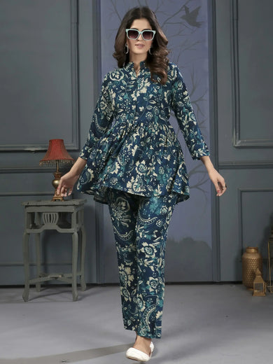 Glamorous Teal Blue Digital Printed Rayon Top Palazzo Co-Ord Set