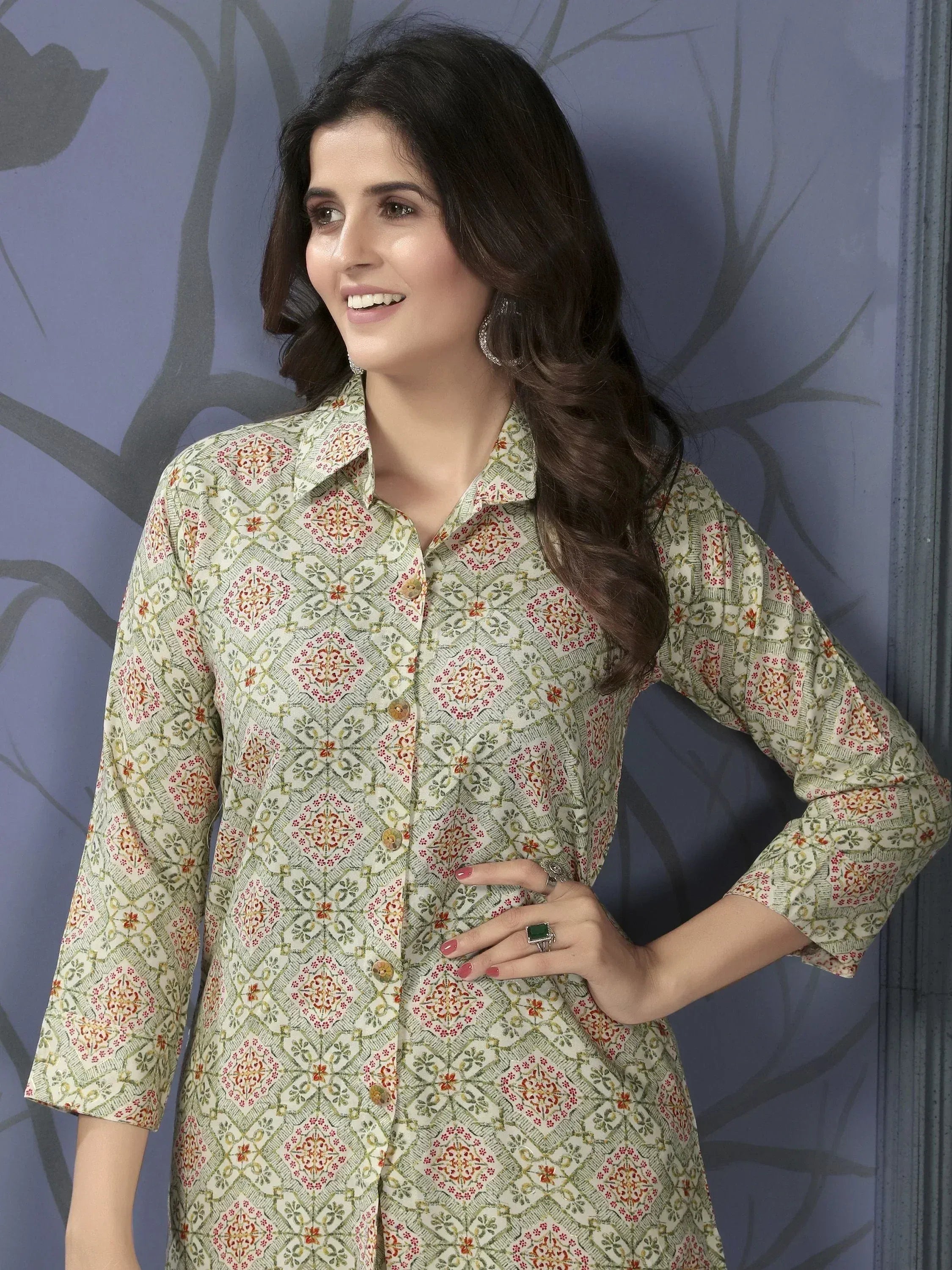 Woman in floral print ethnic kurta with button front, perfect for Indian wear occasions