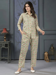 Woman in printed ethnic lounge set with full sleeves, styled indoors at Ethnic Plus