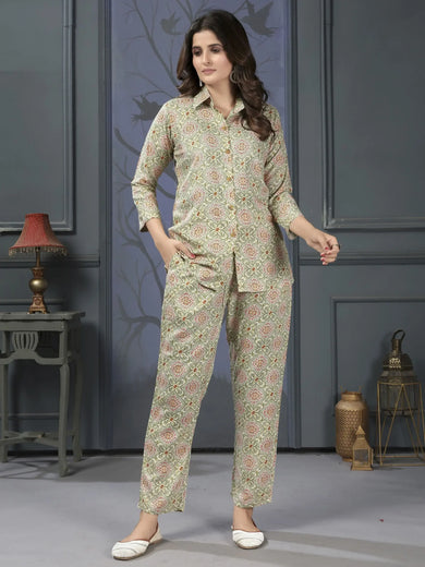 Enchanting Pista Color Digital Printed Rayon Top Palazzo Co-Ord Set