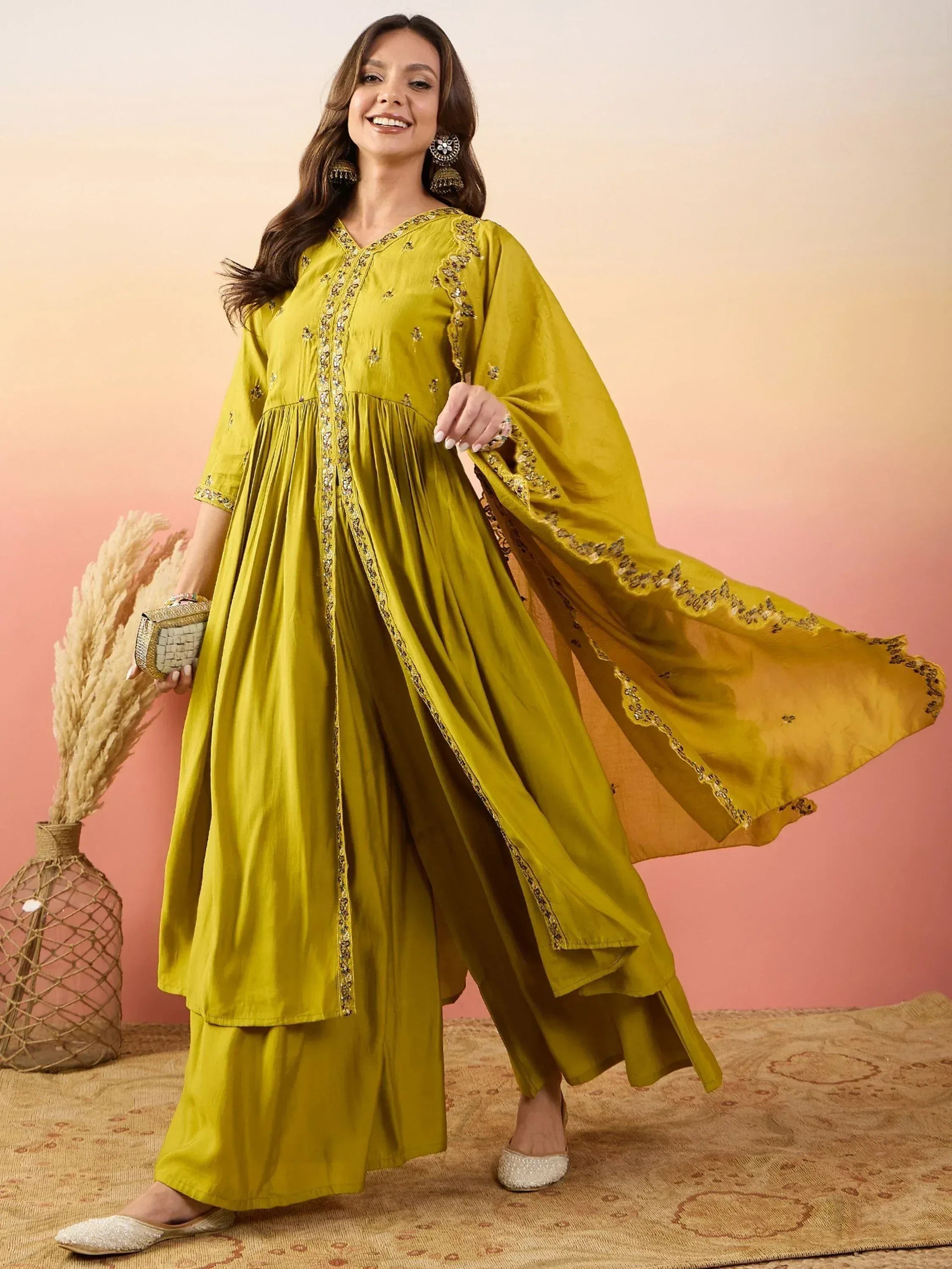 Olive green embroidered kurta with palazzo pants and dupatta, Indian ethnic wear for women