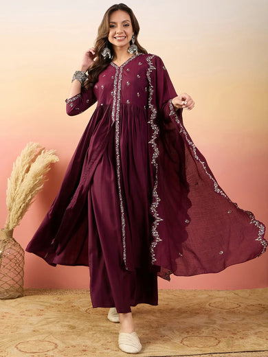 Marvelous Maroon Embroidered Silk Event Wear Palazzo Suit With Dupatta