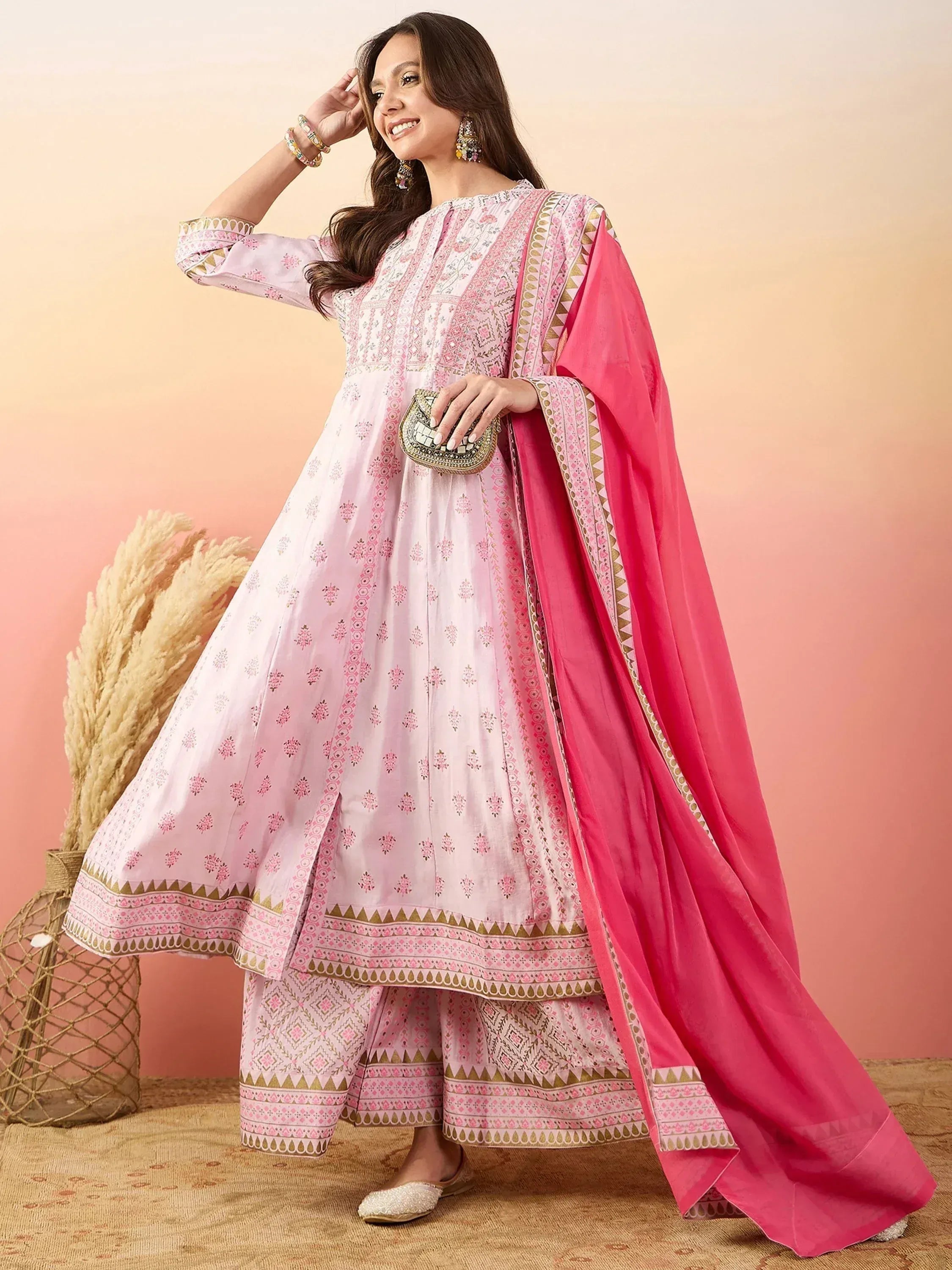 Pink printed Anarkali suit with matching dupatta, ethnic Indian wear for women