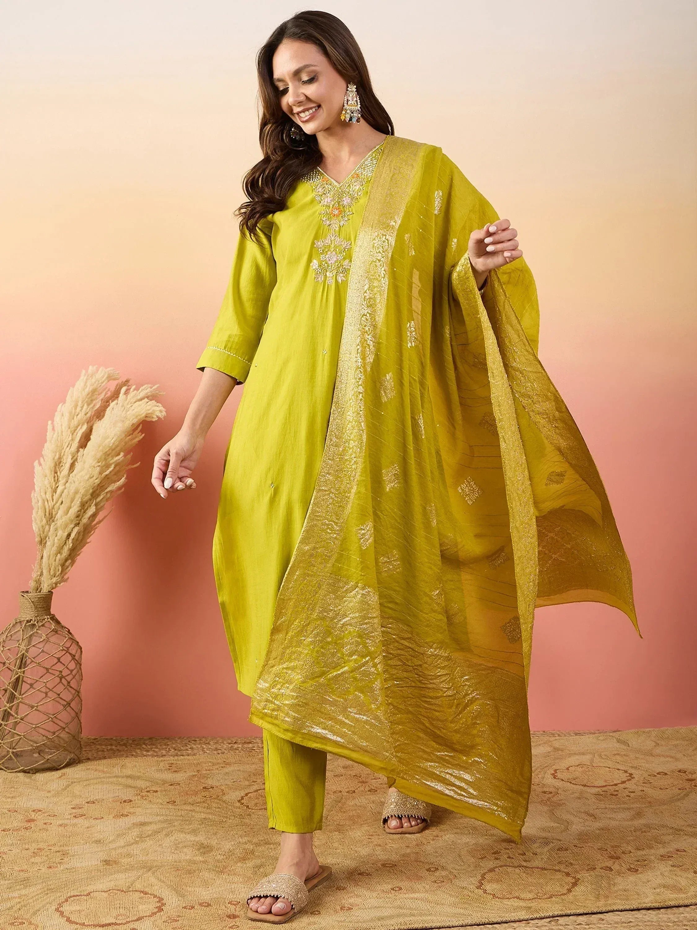 Lime green embroidered salwar kameez with golden dupatta, ethnic Indian wear for women
