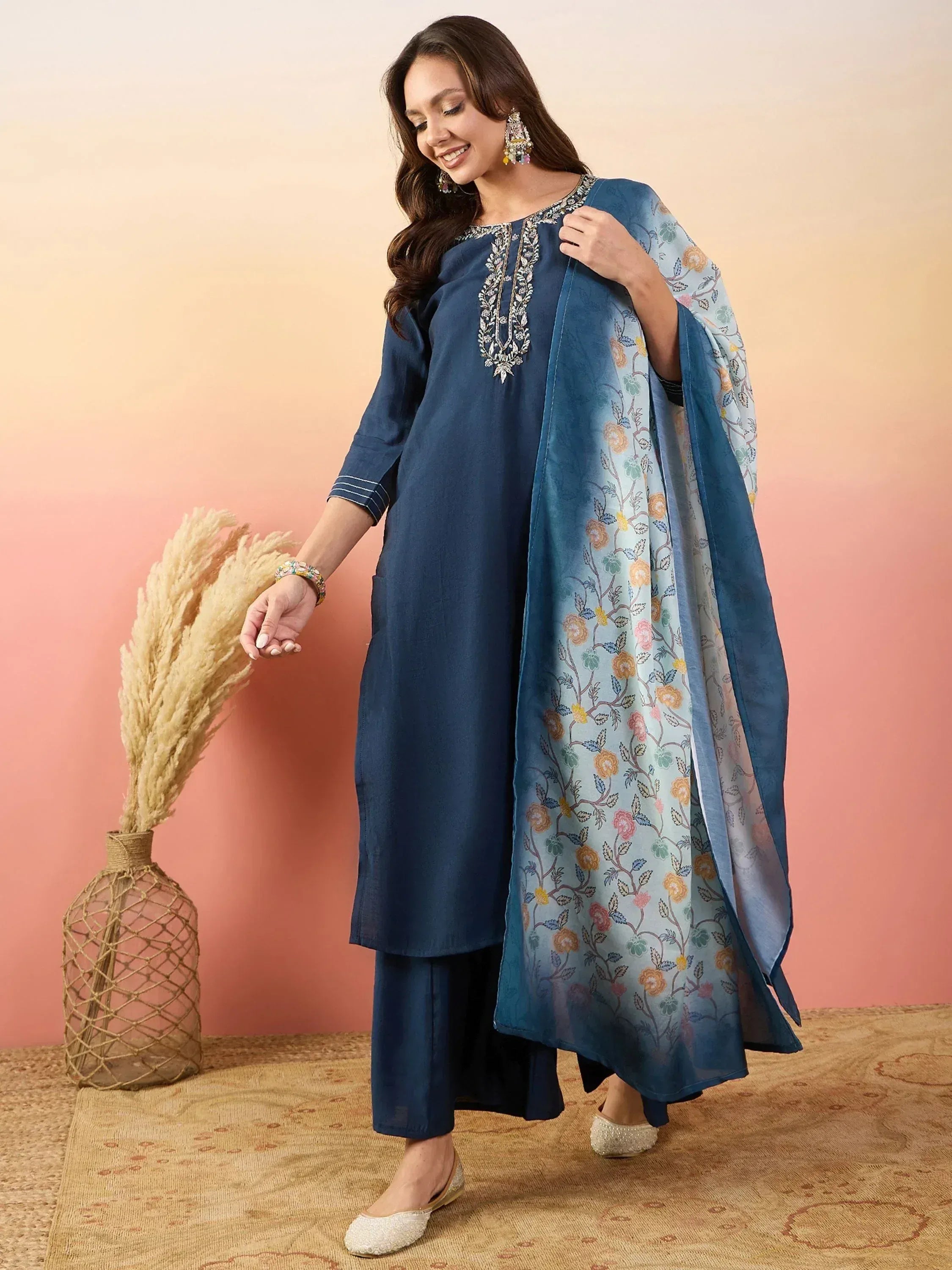 Blue embroidered kurta with floral dupatta, ethnic wear for women