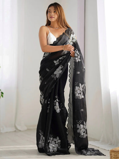 Gorgeous Black Sequins Organza Party Wear Saree With Blouse