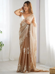Incredible Beige Embroidered Organza Traditional Saree With Blouse