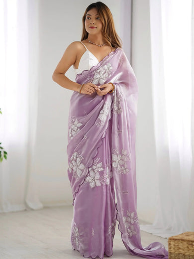 Charming Lavender Embroidered Organza Festival Wear Saree