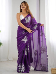 Captivating Purple Embroidered Organza Saree With Blouse