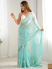 Bewitching Sky Blue Embroidered Organza Party Wear Saree With Blouse