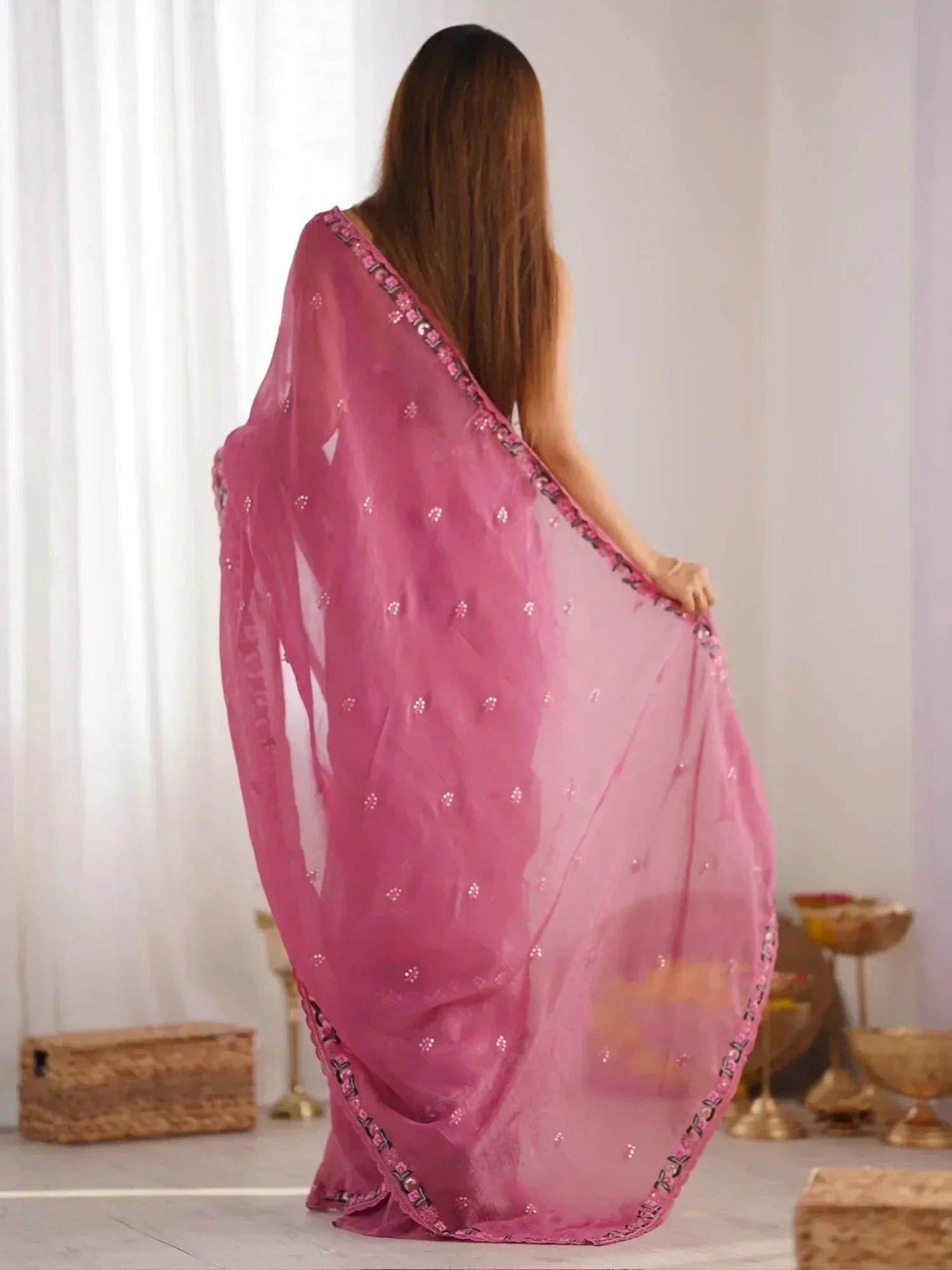 Pink embroidered saree with sequin detailing, back view, ethnic wear for women