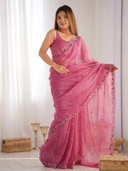 Adorable Pink Embroidered Silk Festival Wear Saree With Blouse