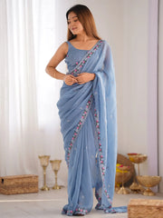 Sweet Sky Blue Embroidered Silk Festival Wear Saree With Blouse