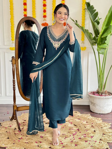 Stunning Teal Blue Embroidered Viscose Festival Wear Pant Suit