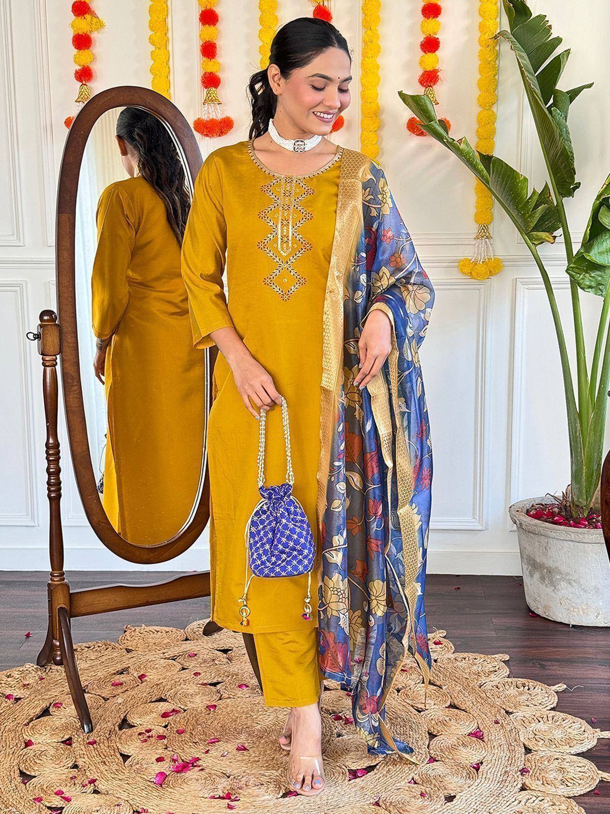 Mustard yellow embroidered kurta with blue floral dupatta, ethnic wear for women