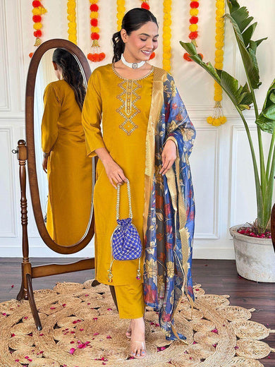 Glamorous Mustard Yellow Embroidered Viscose Haldi Wear Pant Suit