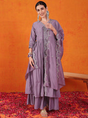 Enchanting Dusty Purple Embroidered Silk Palazzo Suit With Dupatta