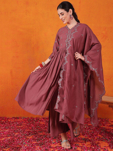 Fascinating Maroon Embroidered Silk Festival Wear Palazzo Suit