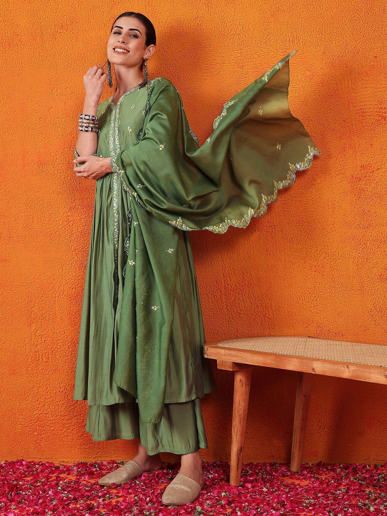 Woman in green embroidered kurta palazzo set with dupatta, ethnic festive wear