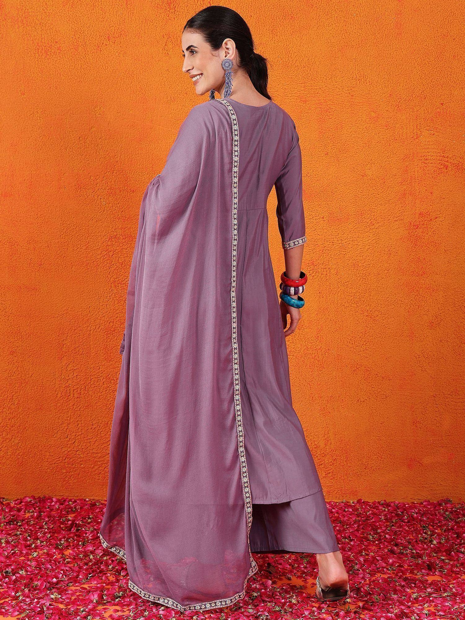 Purple ethnic gown with embroidered dupatta, perfect for Indian occasions and festive wear.