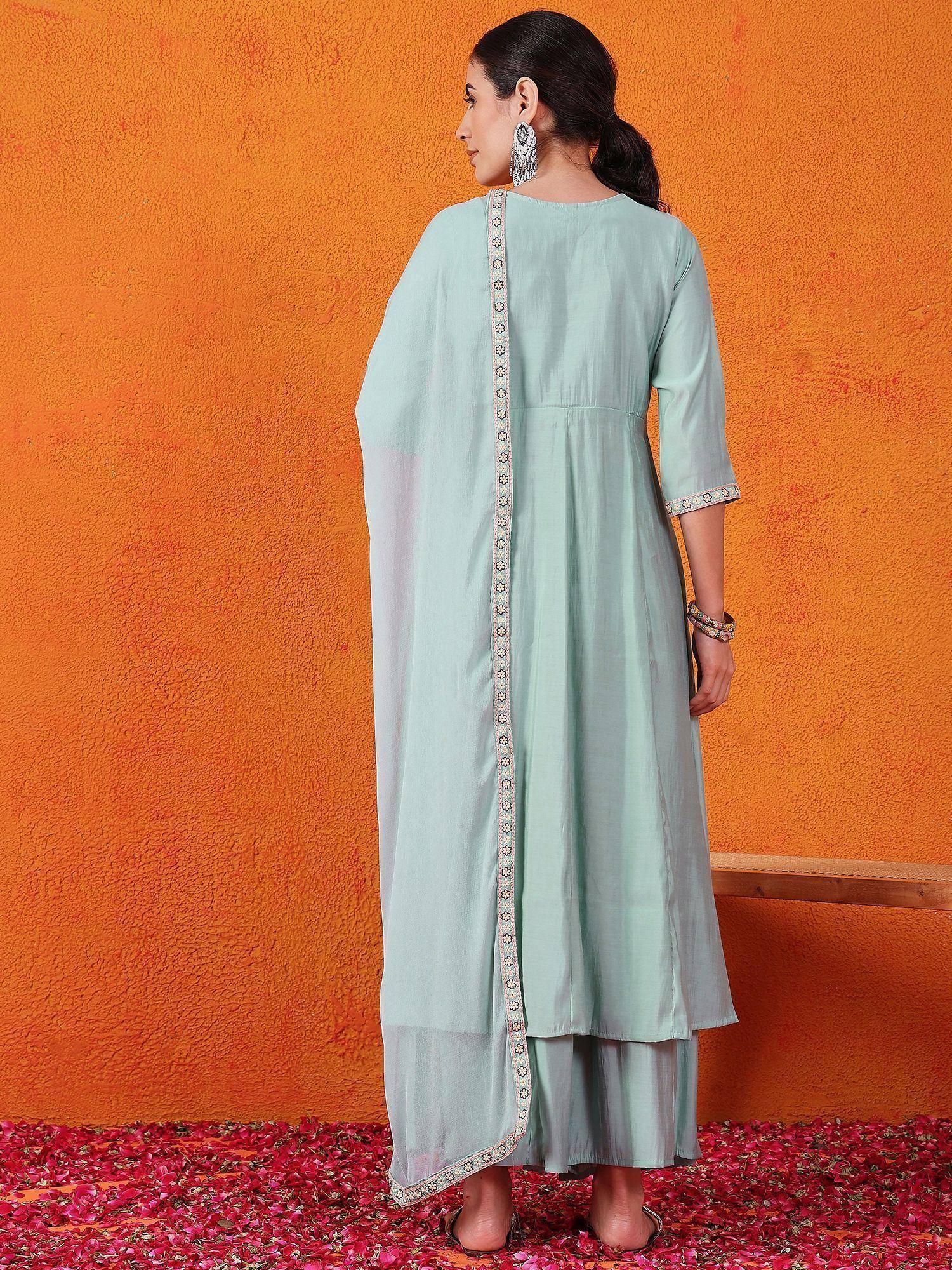 Mint green ethnic kurta with embroidered dupatta, perfect for Indian occasions and festive wear.