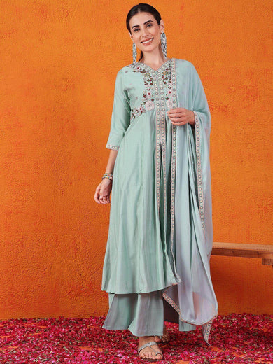 Charming Sky Blue Embroidered Silk Festival Wear Palazzo Suit