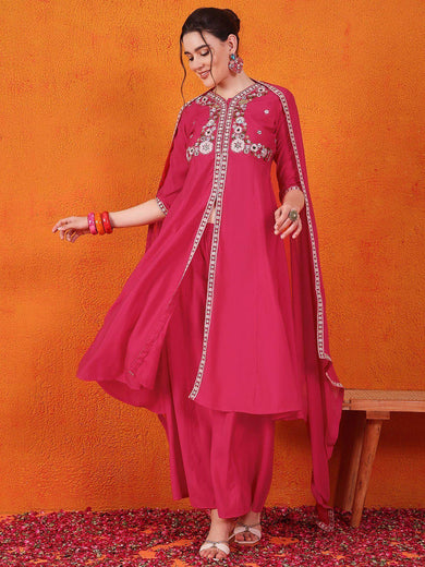 Adorable Pink Embroidered Silk Traditional Palazzo With Dupatta