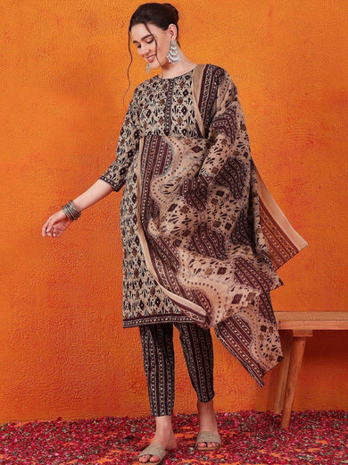 Attractive Brown Printed Cotton Casual Wear Pant Suit With Dupatta