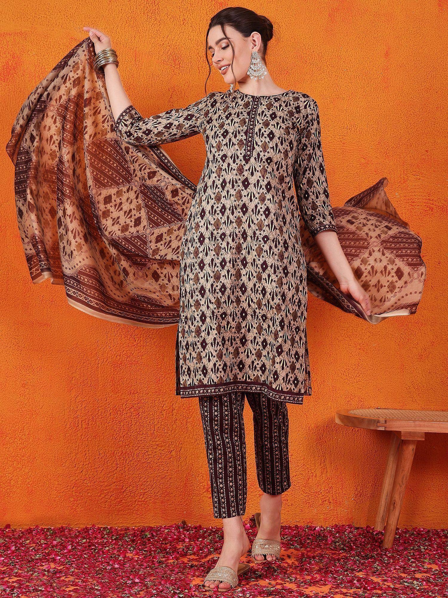 Ethnic printed kurta with matching pants and dupatta, styled for festive occasions