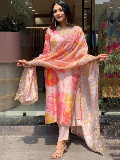 Captivating Pink Floral Printed Rayon Pant Suit With Dupatta