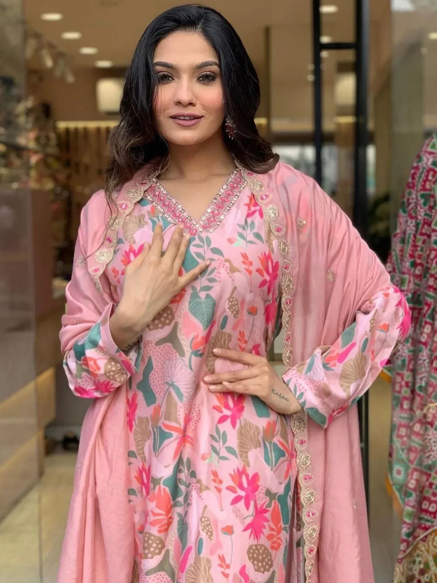 Woman in pink floral printed salwar kameez with dupatta, Indian ethnic wear fashion