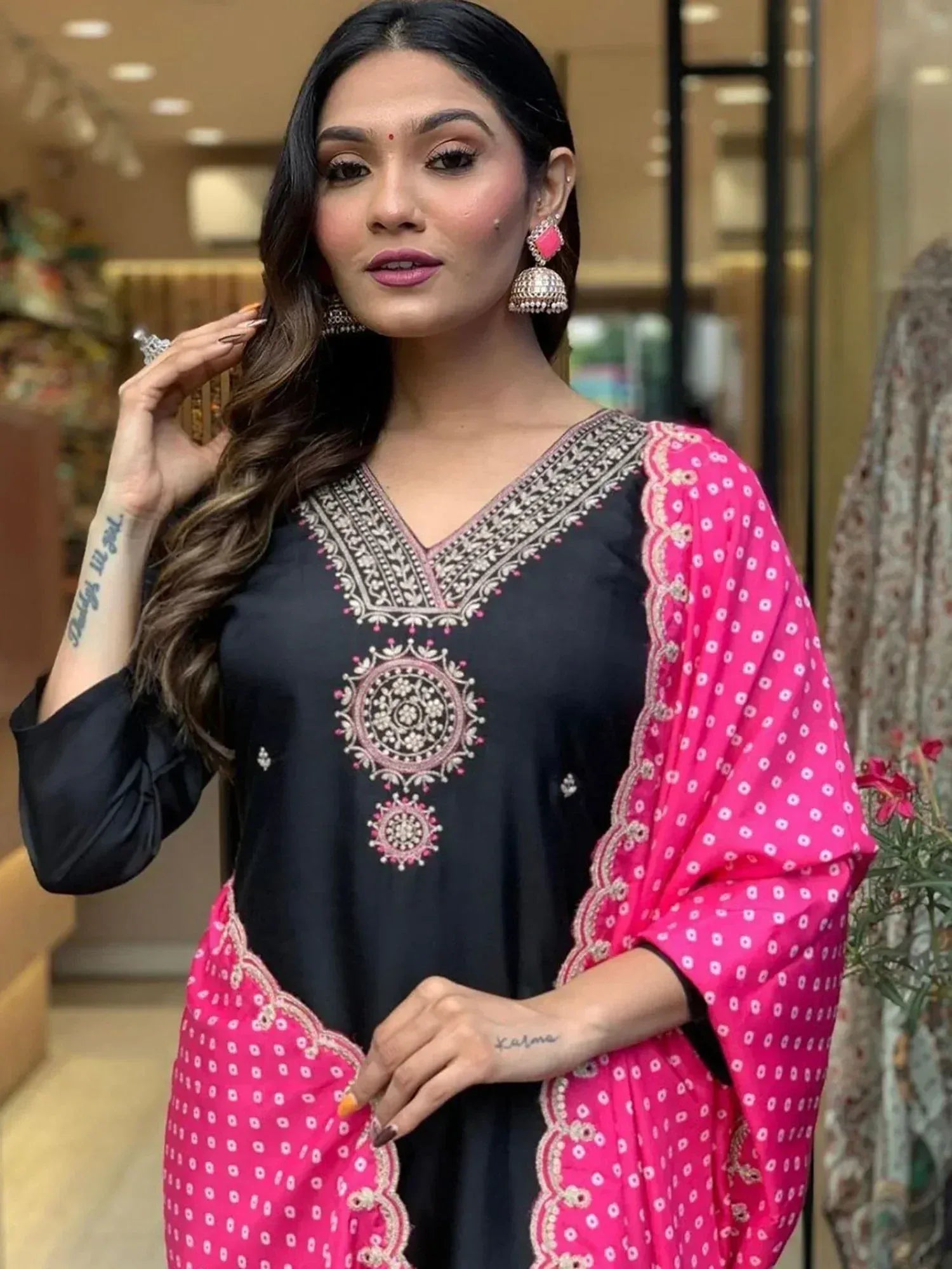 Black embroidered kurta with pink polka dot dupatta, Indian ethnic wear for women