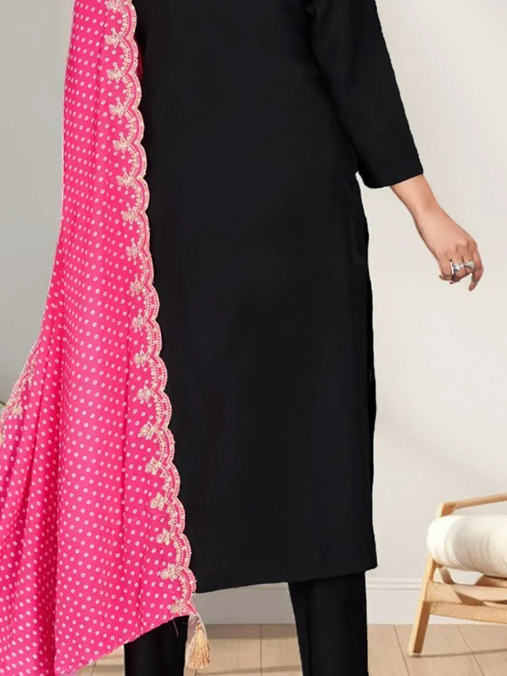 Black kurta with pink polka dot dupatta, ethnic wear for women