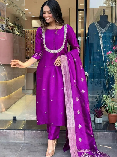 Attractive Purple Embroidered Silk Festival Wear Pant Suit With Dupatta