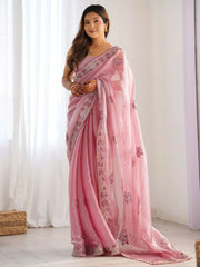 Bewitching Pink Embroidered Organza Festival Wear Saree With Blouse