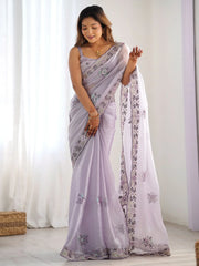 Attractive Lavender Embroidered Organza Event Wear Saree With Blouse
