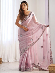 Alluring Mauve Embroidered Organza Party Wear Saree With Blouse