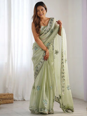 Magnetic Pista Green Embroidered Organza Event Wear Saree
