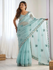 Beautiful Sky Blue Embroidered Organza Festival Wear Saree With Blouse