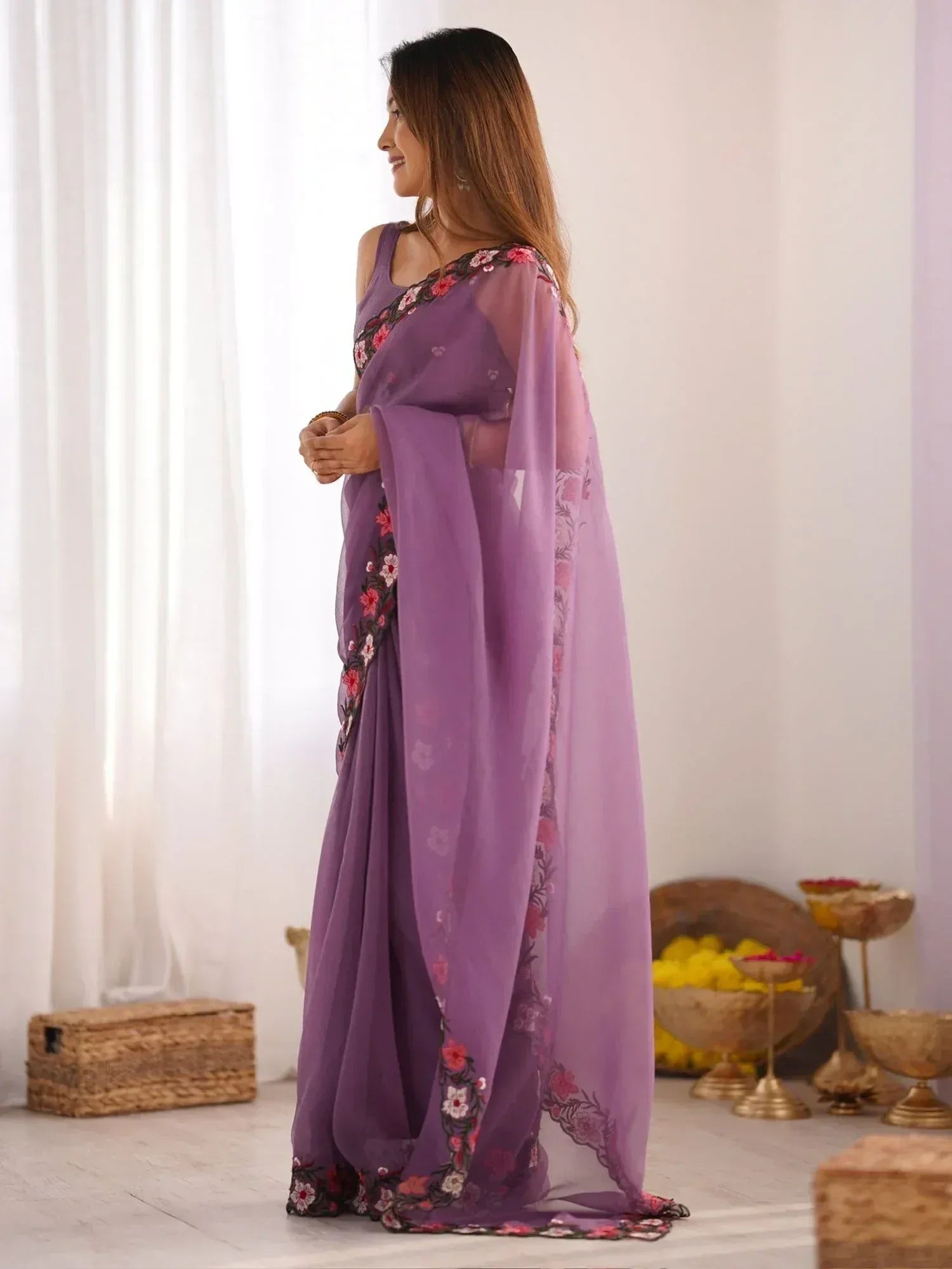 Purple floral embroidered saree with sheer dupatta, elegant Indian ethnic wear for women