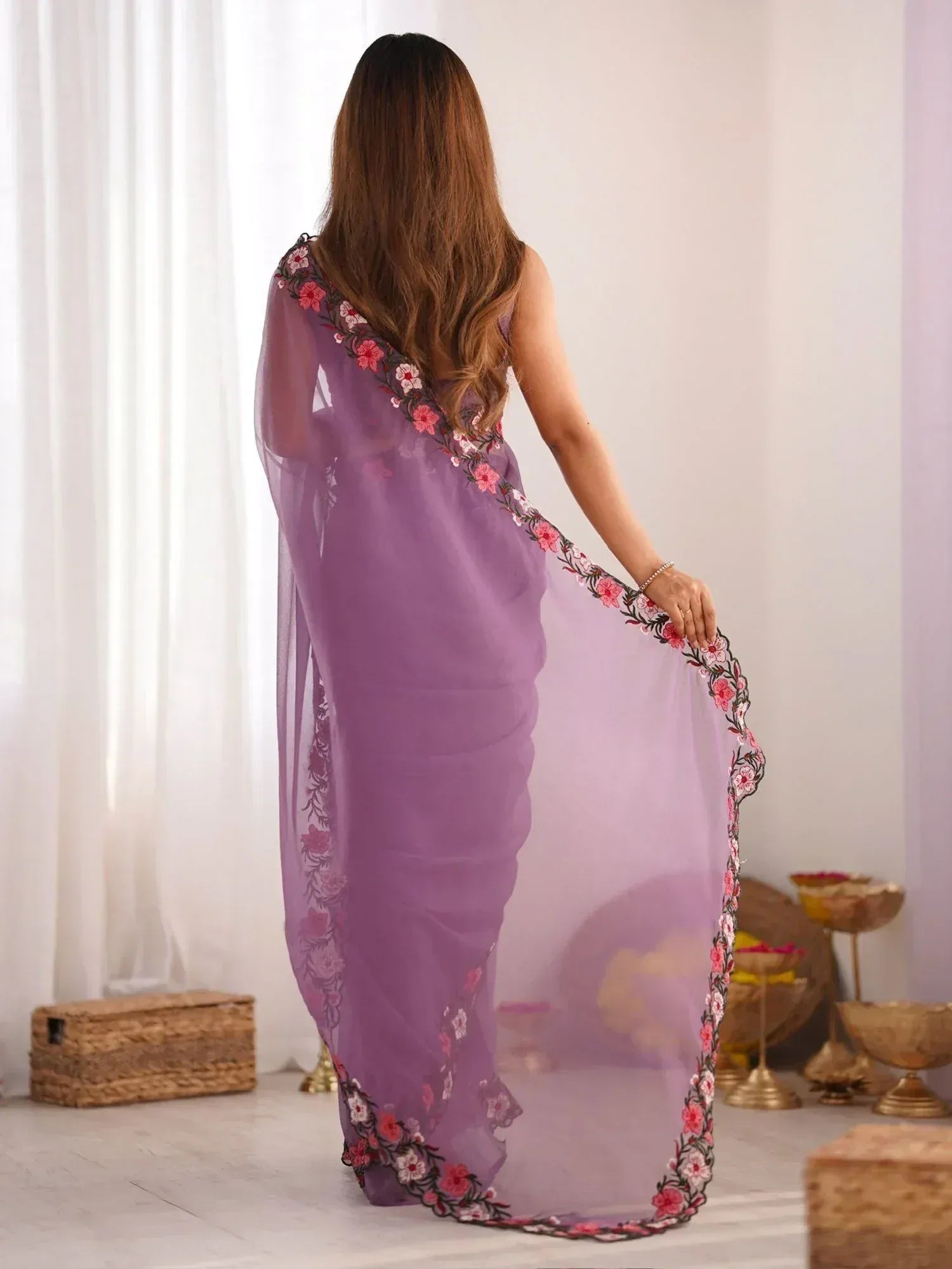 Purple floral embroidered saree with sheer dupatta, Indian ethnic wear for women