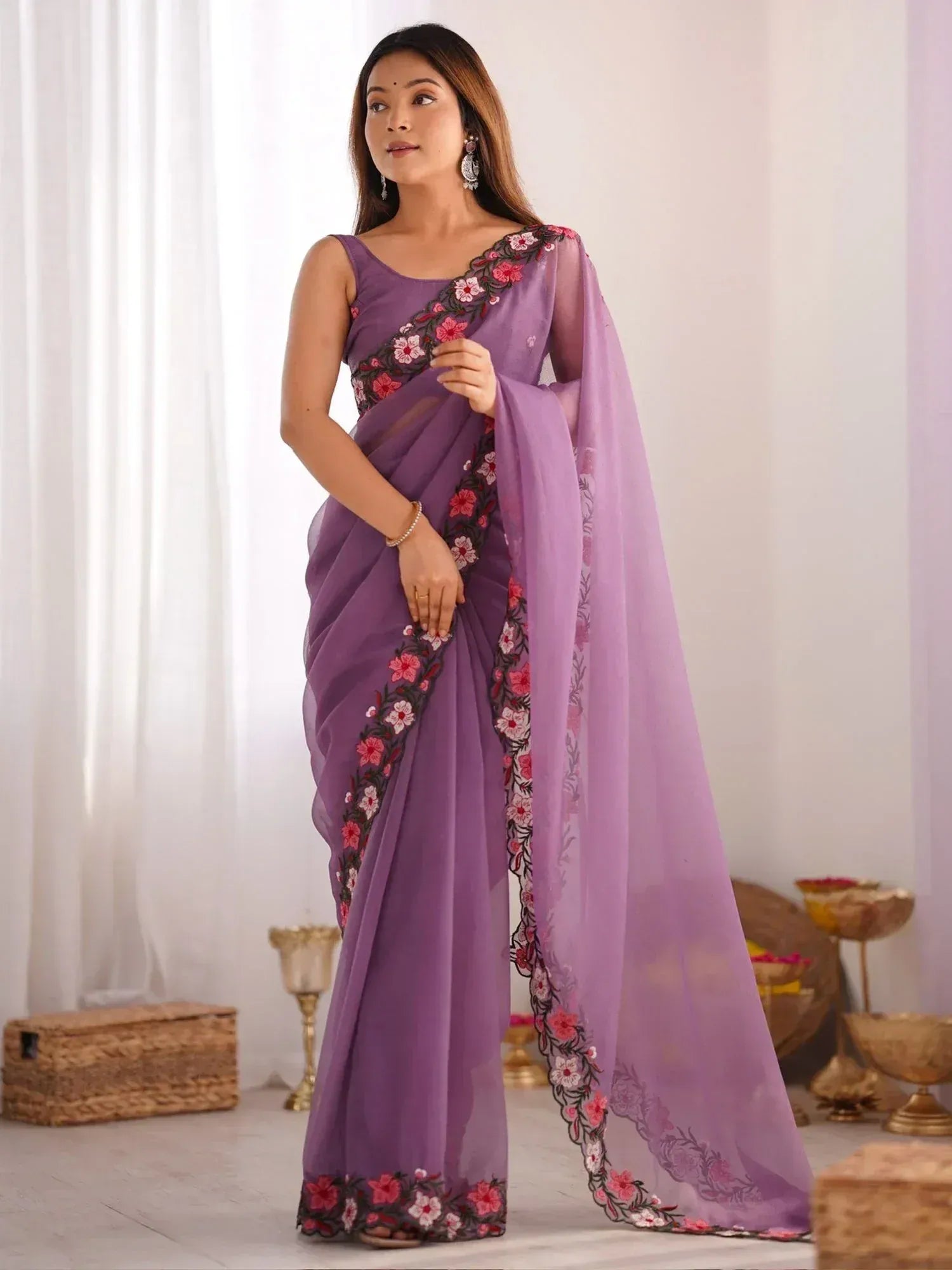 Purple floral embroidered saree with matching blouse, elegant Indian ethnic wear for women