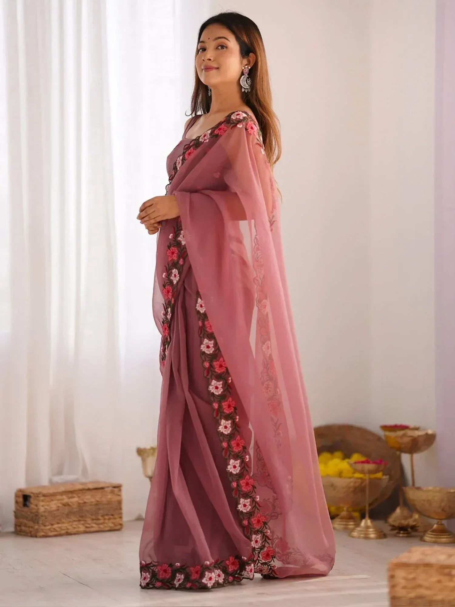 Pink floral embroidered saree with sheer dupatta, elegant Indian ethnic wear for women
