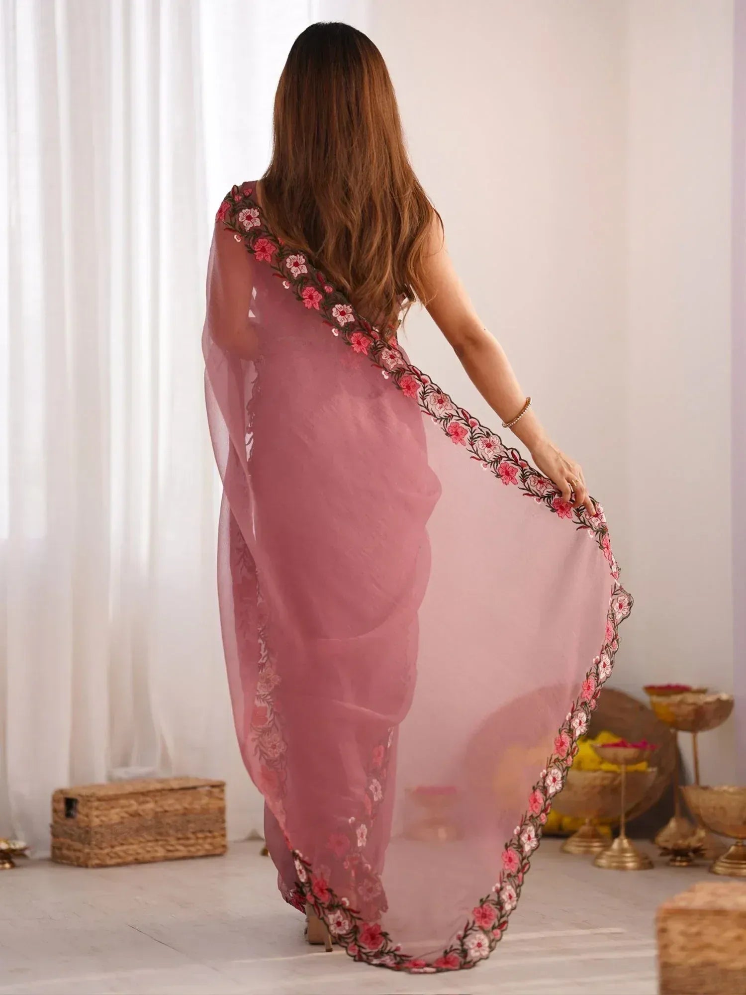 Pink floral embroidered saree with sheer fabric, perfect for Indian ethnic wear occasions
