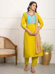 Tantalizing Yellow Embroidered Viscoce Pant Suit With Dupatta