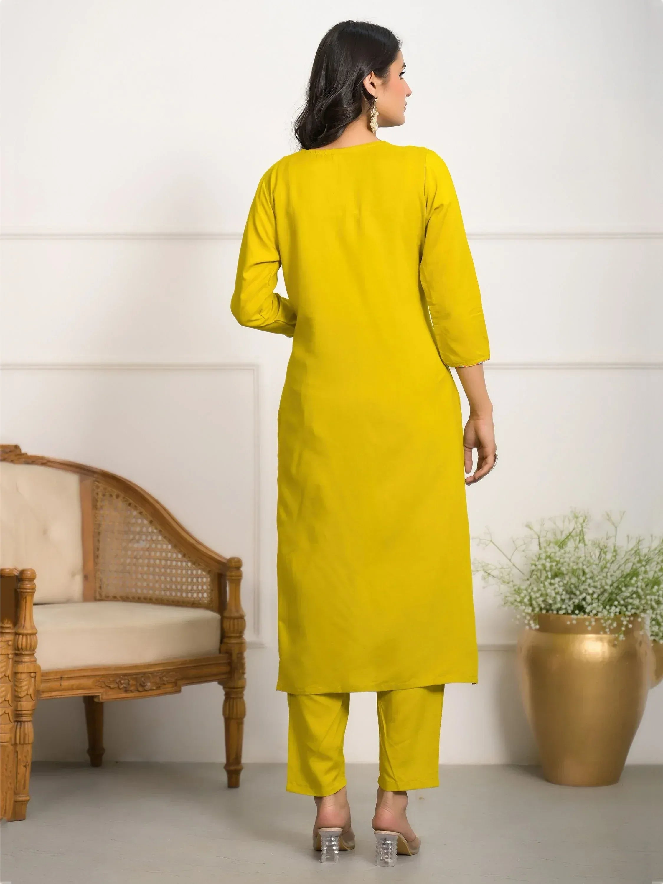 Yellow ethnic kurti and pants set, back view, Indian wear for women